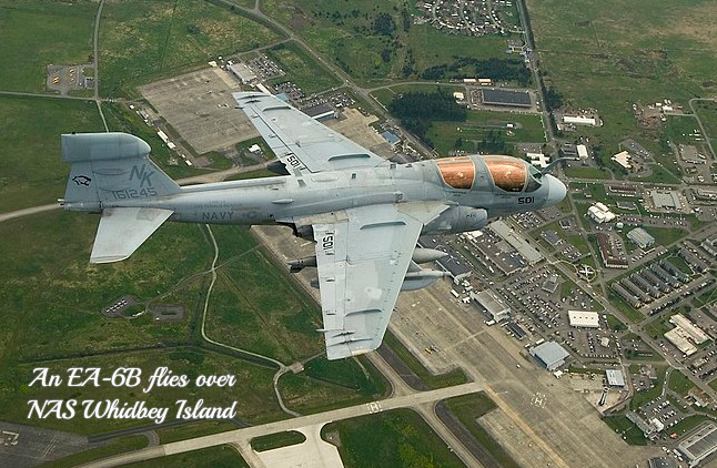 An EA-6B flying over NAS Whidbey Island