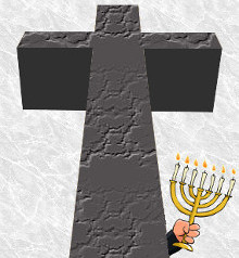 Huge cross overshadowing little Jew holding menorah