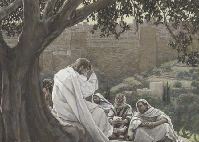 Four disciples gather around Jesus on the Mount of Olives