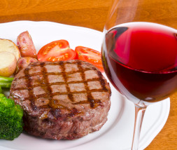 Steak dinner with red wine